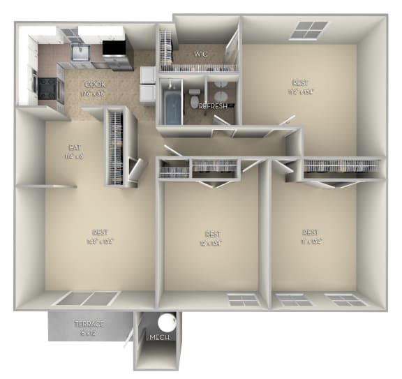Berkley Fairfax Square 2 bedroom 1 bath unfurnished floor plan apartment in Fairfax VA at Fairfax Square, Virginia
