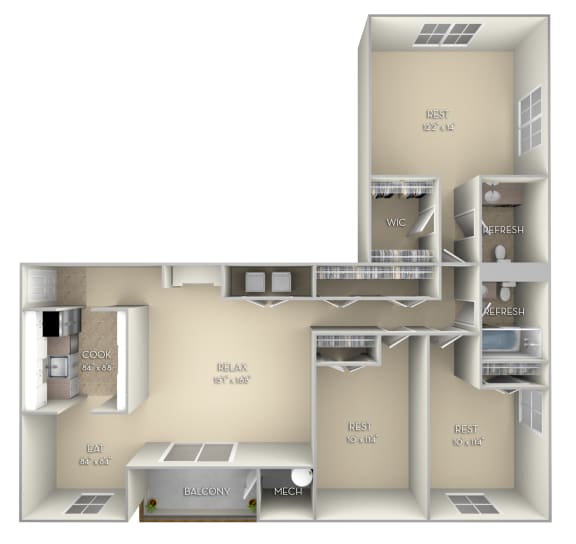 Braddock Fairfax Square 3 bedroom 2 bath unfurnished floor plan apartment in Fairfax VA at Fairfax Square, Virginia