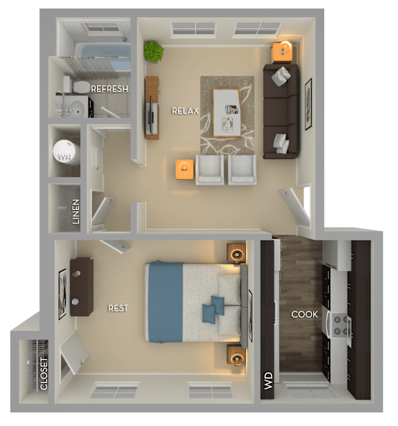 A 3D floor plan of a small apartment with labeled rooms.
