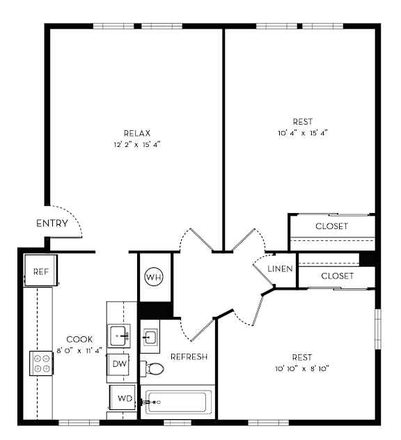 A floor plan of a house with a RELAX area, a REF area, a COOK area, a LINE area, and a REST area.