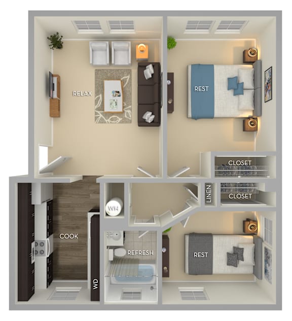 A 3D floor plan of a small apartment with a kitchen, living room, and two bedrooms.