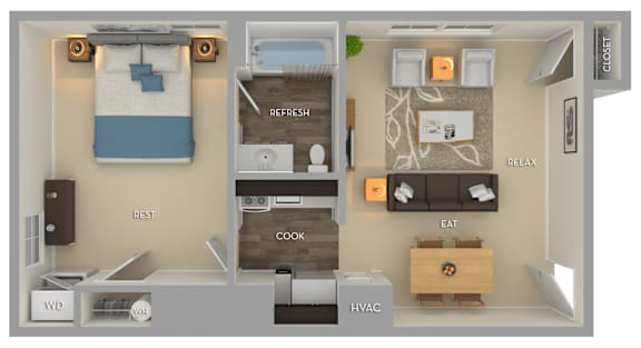 A diagram of a small apartment with labeled rooms.