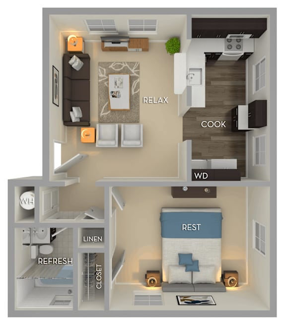 A floor plan of a small apartment with a living room, kitchen, and bedroom.