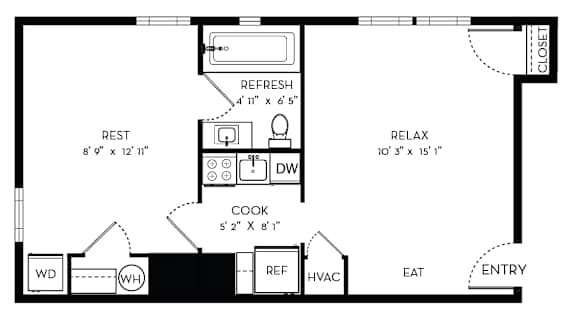 A floor plan of a house with a kitchen, bathroom, and living room.