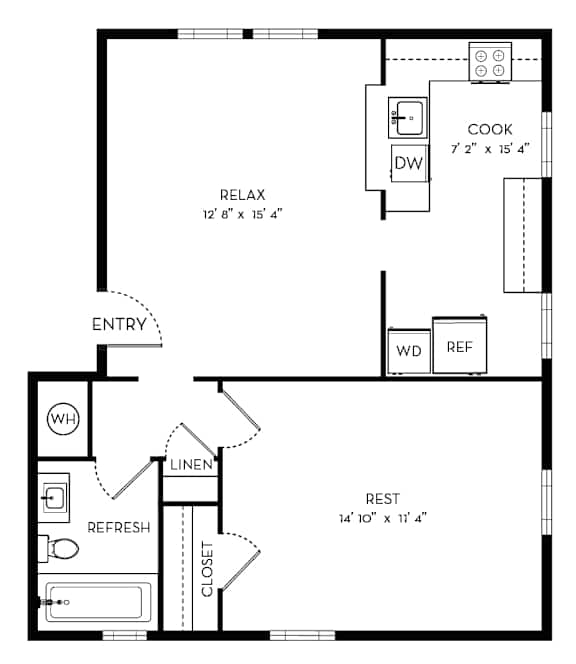 A floor plan of a house with a kitchen, living room, and bathroom.