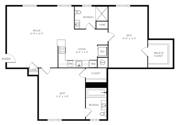 A floor plan of a house with a kitchen, living room, and two bathrooms.