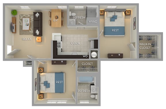 A floor plan of a house with a kitchen, living room, and two bedrooms.