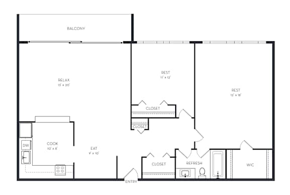 A black and white floor plan of a house with a balcony, two bedrooms, a bathroom, a kitchen, a dining area, and a living room.