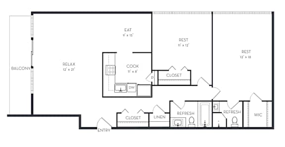 A floor plan of a house with a balcony, a kitchen, a dining area, a laundry room, and a bathroom.