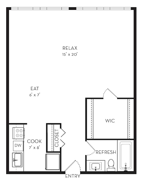 A floor plan of a small apartment with a kitchen, living room, and bathroom.