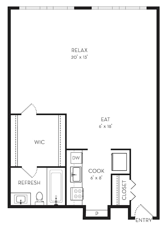 A floor plan of a small apartment with a RELAX area, WIC, DW, COOK, and REFRESH areas.