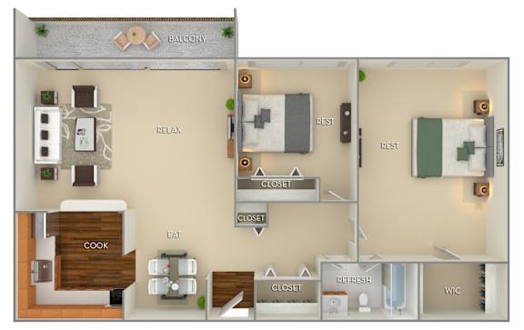 A floor plan of a house with a balcony, kitchen, dining area, and bathrooms.