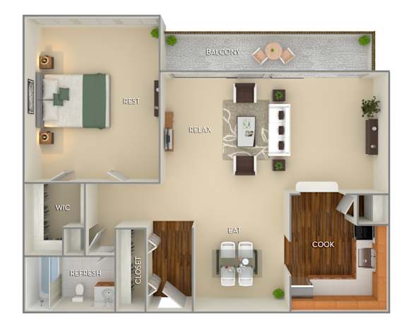 A 3D rendered image of a house layout with labeled rooms.