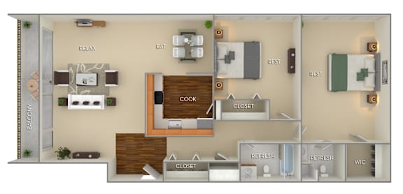 A 3D floor plan of a house with labeled rooms such as "REST" and "COOK".