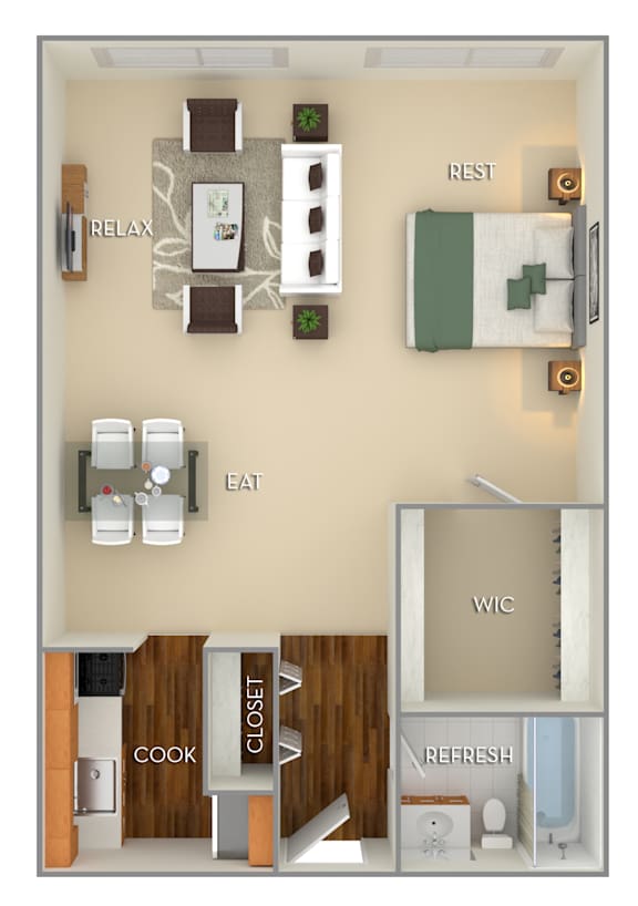 A diagram of a small apartment layout with labeled rooms.