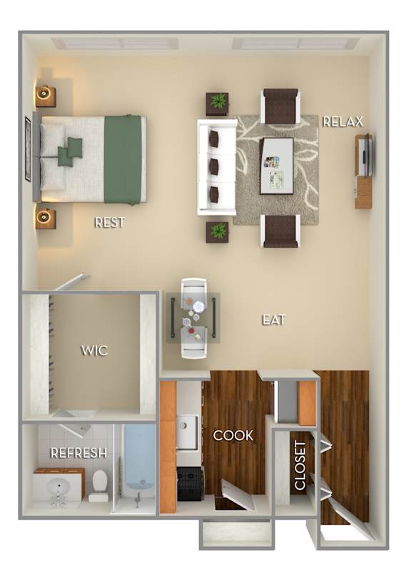 A floor plan of a small apartment with a kitchen, living room, and bathroom.