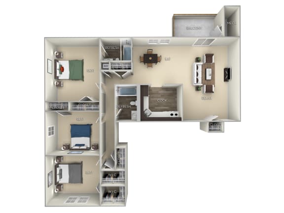 Floor Plan  1157 Square-Feet Willowcroft Tuscarora Creek  3 bedroom 2 bath furnished floor plan apartment in Leesburg VA
