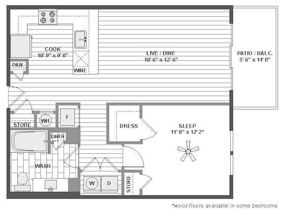 One bedroom floor plan with balcony at TLC Grand Apartments, Deerfield, IL 60015