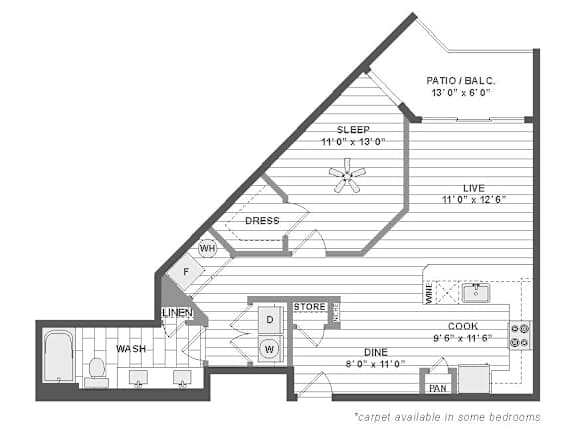 Two bedroom floor plan with angled layout at TLC Grand Apartments, Deerfield, 60015