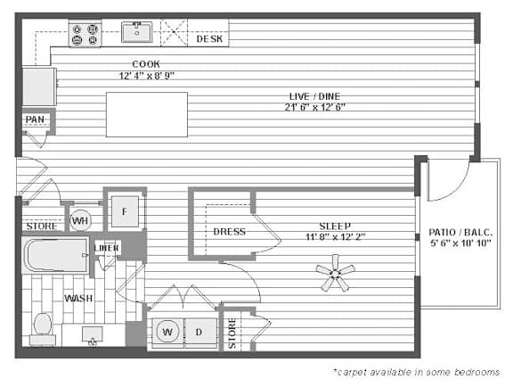 One bedroom floor plan with walk-in closet at TLC Grand Apartments, Deerfield, Illinois