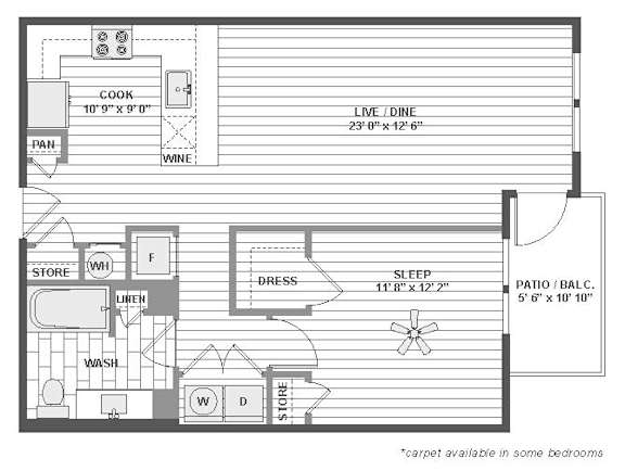 One bedroom apartment floor plan with separate dressing area at TLC Grand Apartments, Deerfield