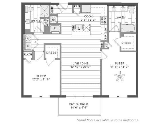 Two bedroom floor plan with dual walk-in closets at TLC Grand Apartments, Deerfield, IL