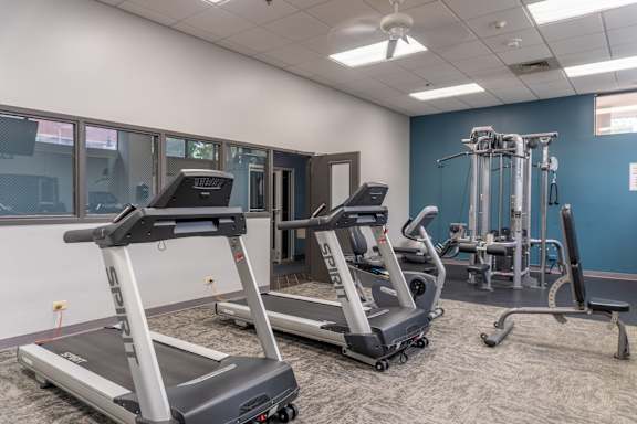 A gym with treadmills and other exercise equipment.