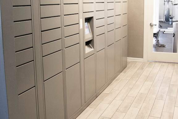 A row of lockers in a gym.