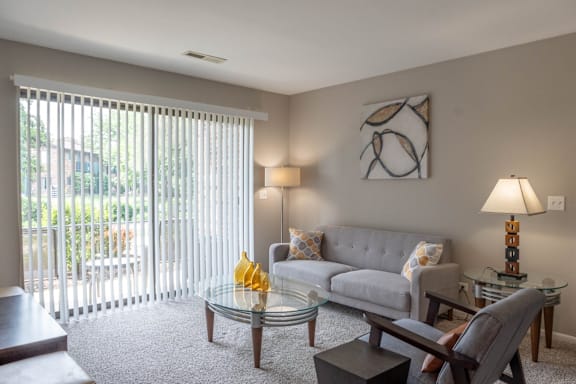 A living room with a grey couch, a coffee table, and a large window with blinds.
