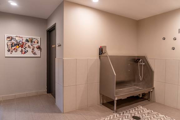 A bathroom with a shower stall and a picture on the wall.