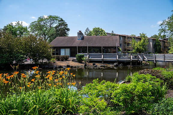A building with a brown roof and a bridge over a pond with orange flowers in the foreground.