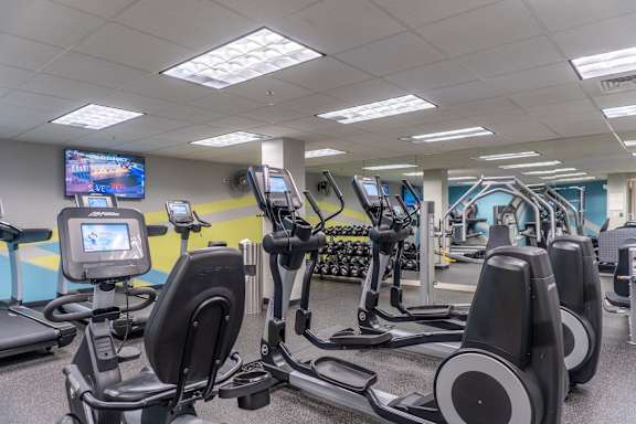 A gym with treadmills and elliptical machines.
