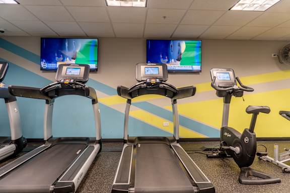 A gym with treadmills and exercise bikes.
