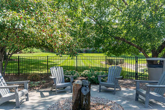 A tree stump sits in the middle of a circle of chairs.
