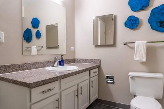 A bathroom with a white toilet, a sink, and a mirror.