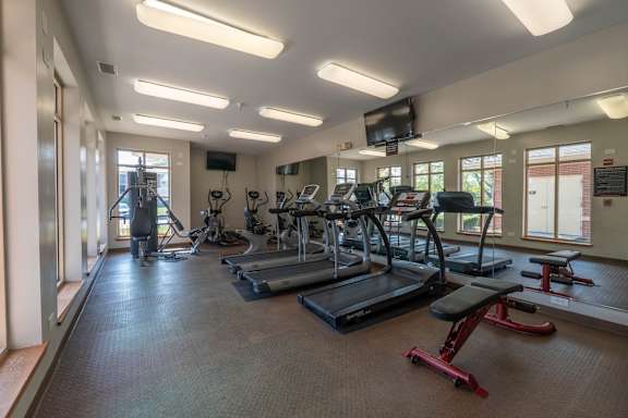 A gym with treadmills, exercise bikes, and other equipment.