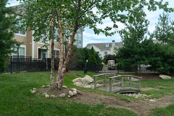A tree in a yard with a bridge and a fence.