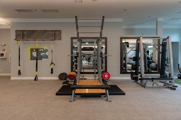 A gym with a variety of equipment including a squat rack, bench, and weights.