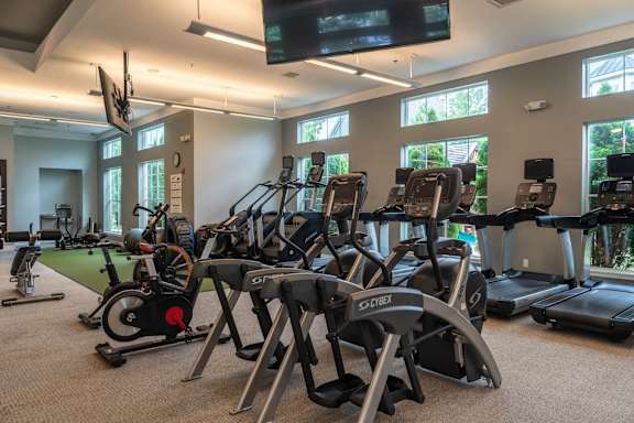 A gym with treadmills and exercise bikes.