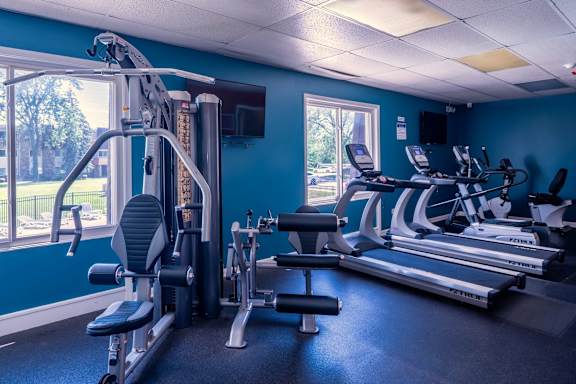 A gym with a variety of equipment including a treadmill, a weight bench and a leg press machine.
