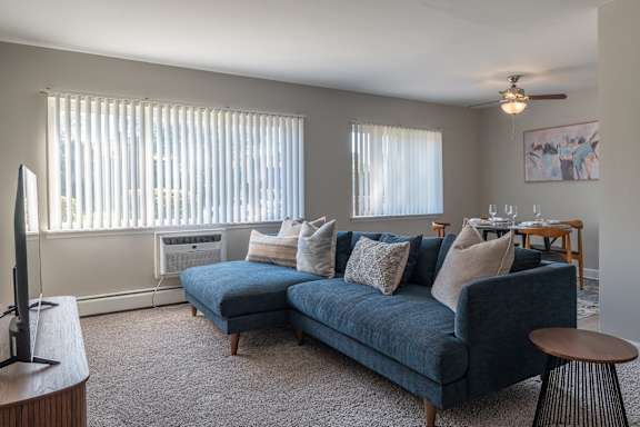 A living room with a blue couch and a television.