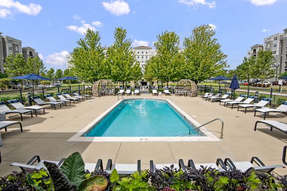 A large swimming pool surrounded by lounge chairs and trees.