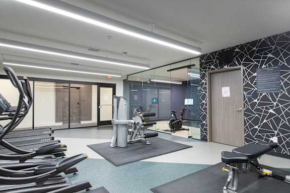 A gym with treadmills, exercise bikes, and other equipment.