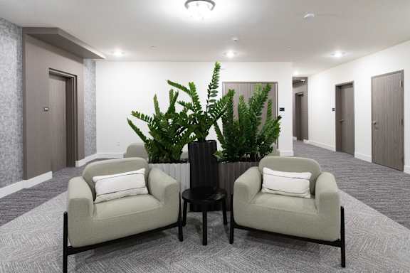 A living room with two chairs, a table, and a plant.