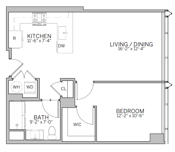 Floor Plan  A floor plan of a small apartment with a kitchen, living room, bedroom, bathroom, and a closet.