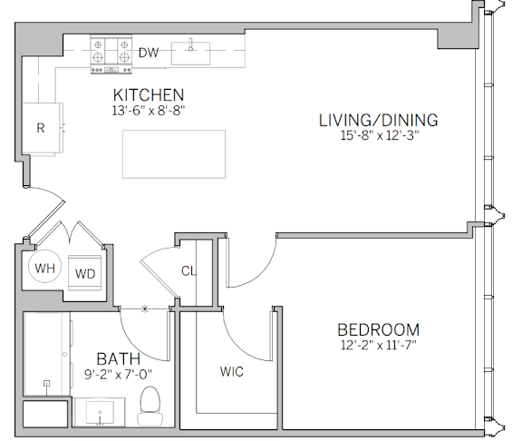Floor Plan  A floor plan of a home with a kitchen, living/dining area, bedroom, bathroom, and a workspace.