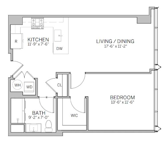 A floor plan of a small apartment with a kitchen, living room, bedroom, and bathroom.