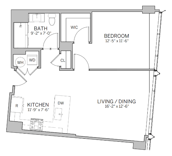 A floor plan of a room with a bedroom, bathroom, kitchen, and living/dining area.