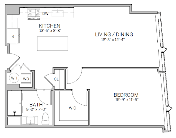 A floor plan of a house with a kitchen, living/dining area, bedroom, and bathroom.