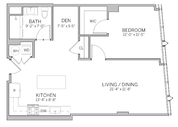 A floor plan of a house with a living room, kitchen, bedroom, and bathroom.